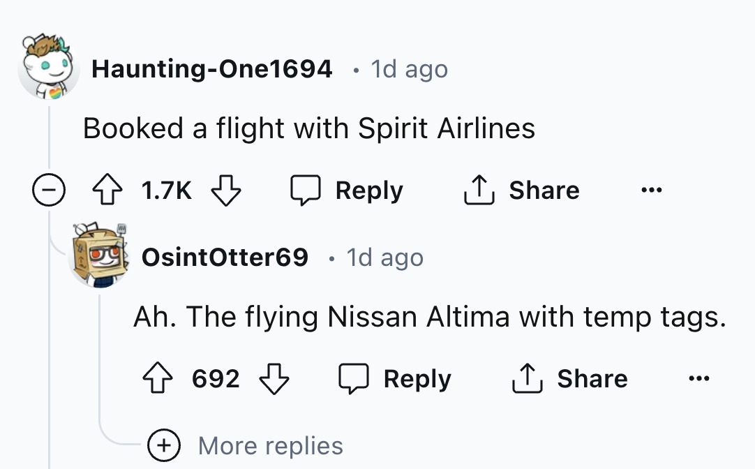 screenshot - HauntingOne1694 1d ago Booked a flight with Spirit Airlines OsintOtter69 1d ago Ah. The flying Nissan Altima with temp tags. 692 More replies